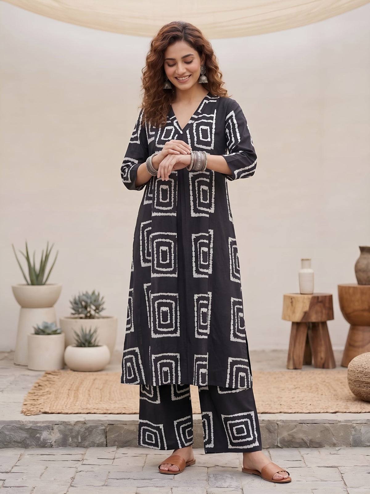Black Printed Two Piece Rayon Co-ord Set for Women
