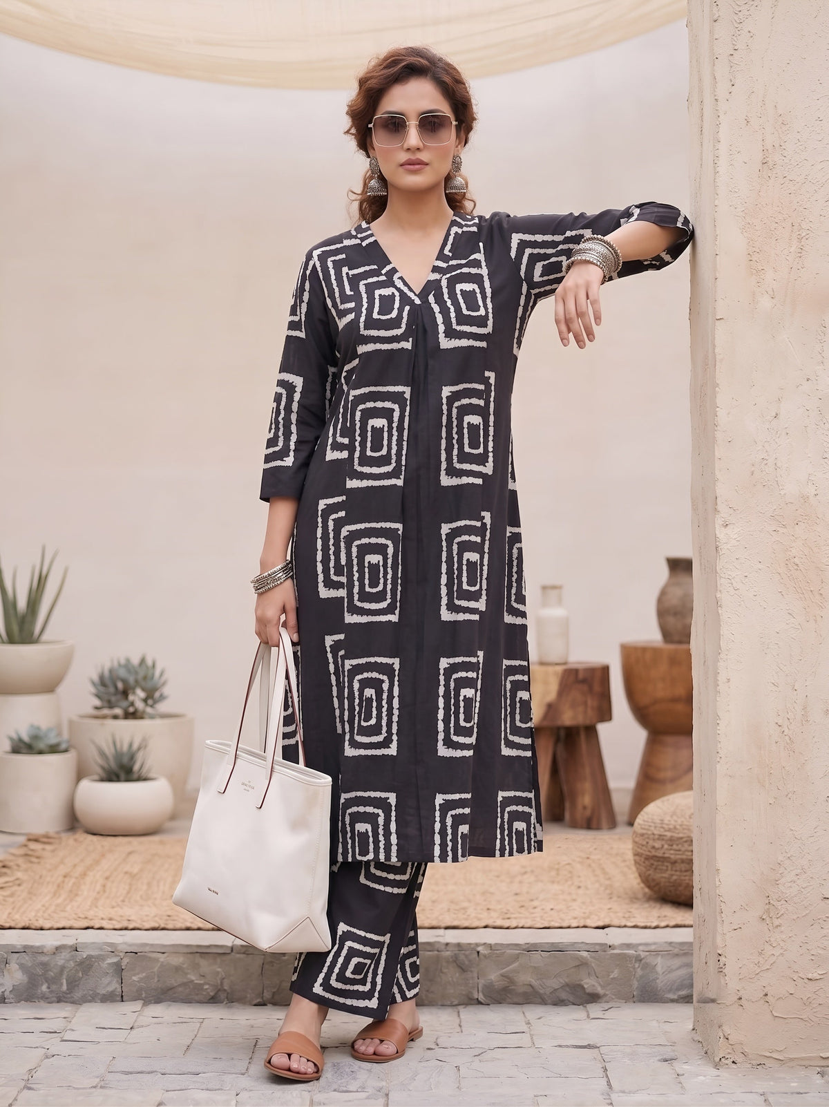 Black Printed Two Piece Rayon Co-ord Set for Women