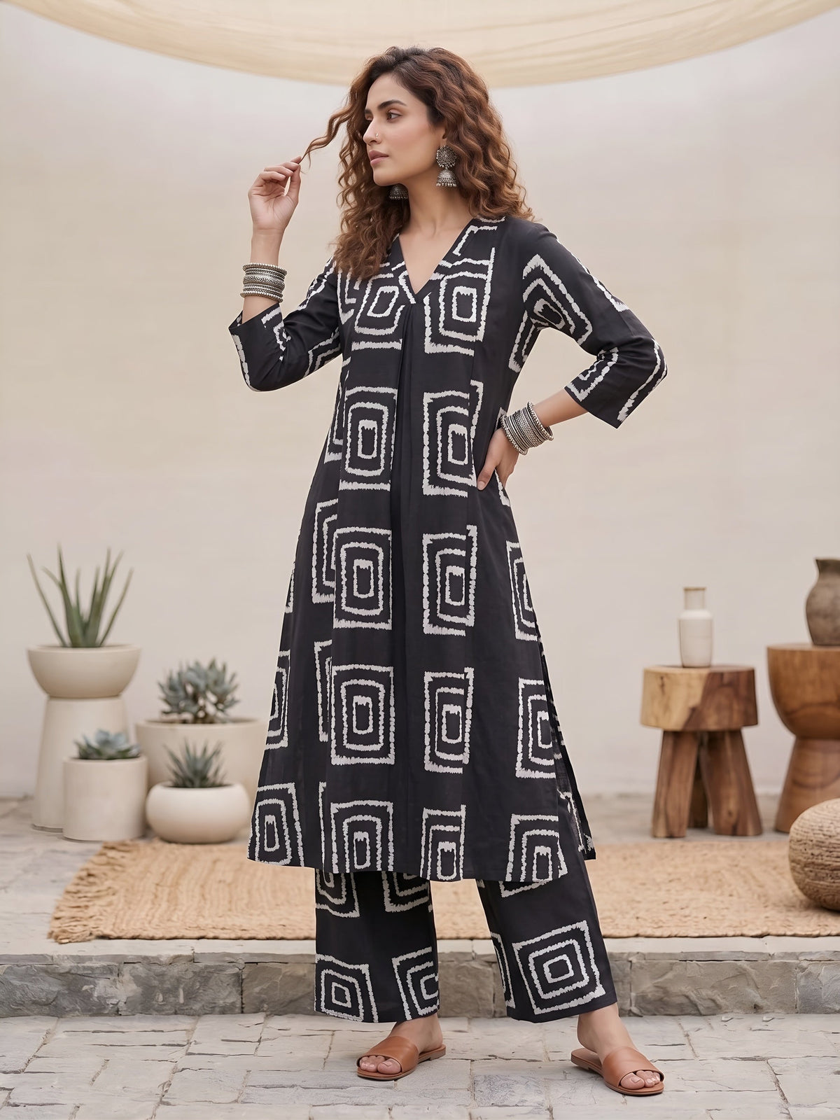 Black Printed Two Piece Rayon Co-ord Set for Women