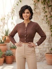 Women Solid Brown Cotton Crop Top
