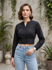 Women Solid Black Cotton Crop Top