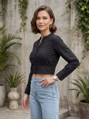 Women Solid Black Cotton Crop Top