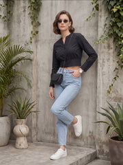 Women Solid Black Cotton Crop Top