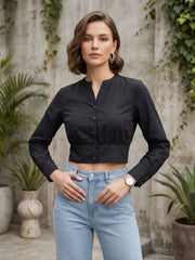 Women Solid Black Cotton Crop Top