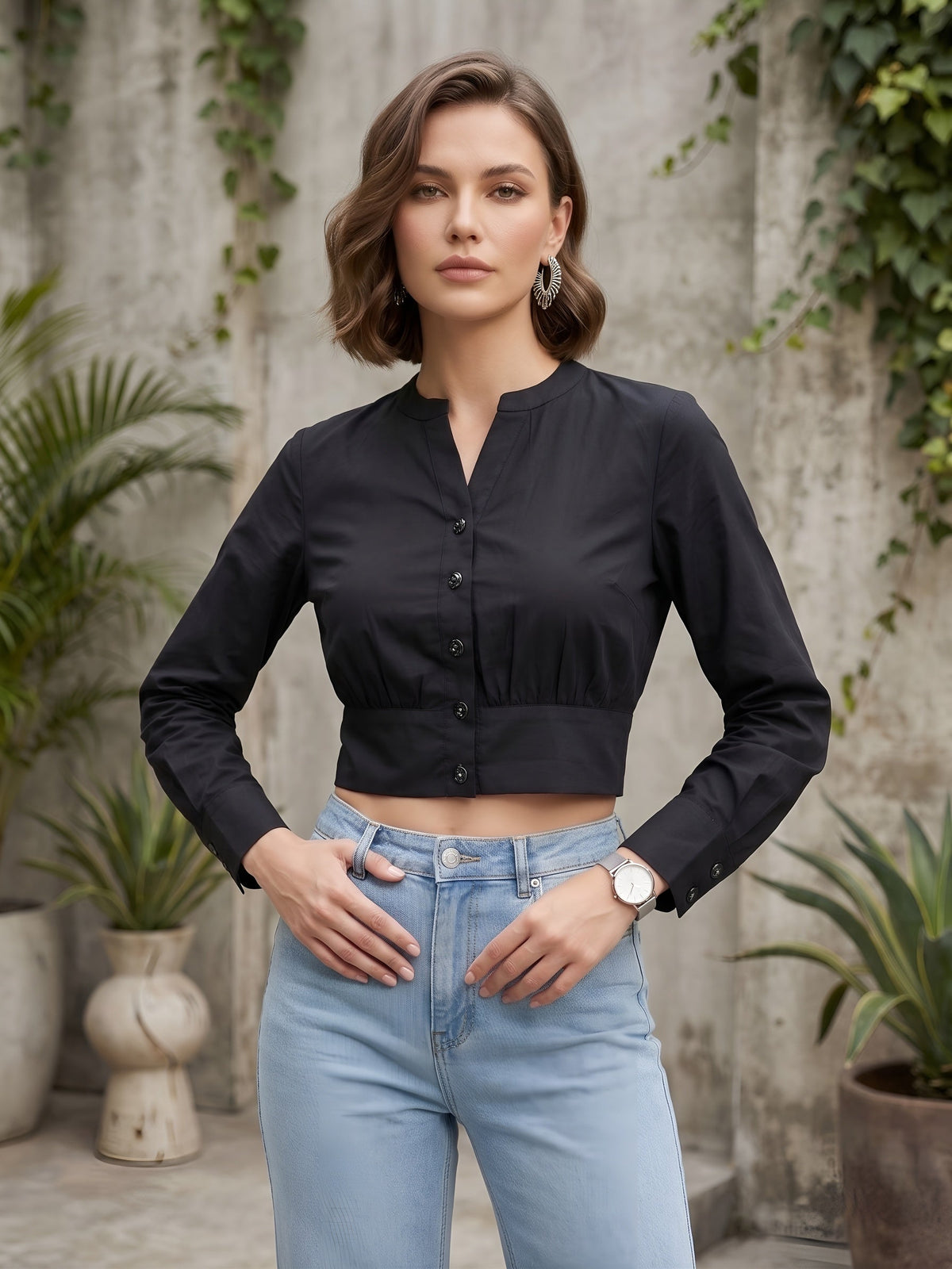 Women Solid Black Cotton Crop Top