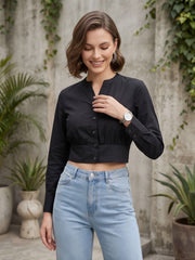 Women Solid Black Cotton Crop Top