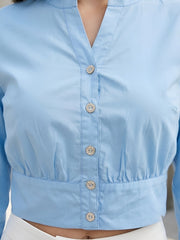 Women Solid light Blue Cotton Crop Top