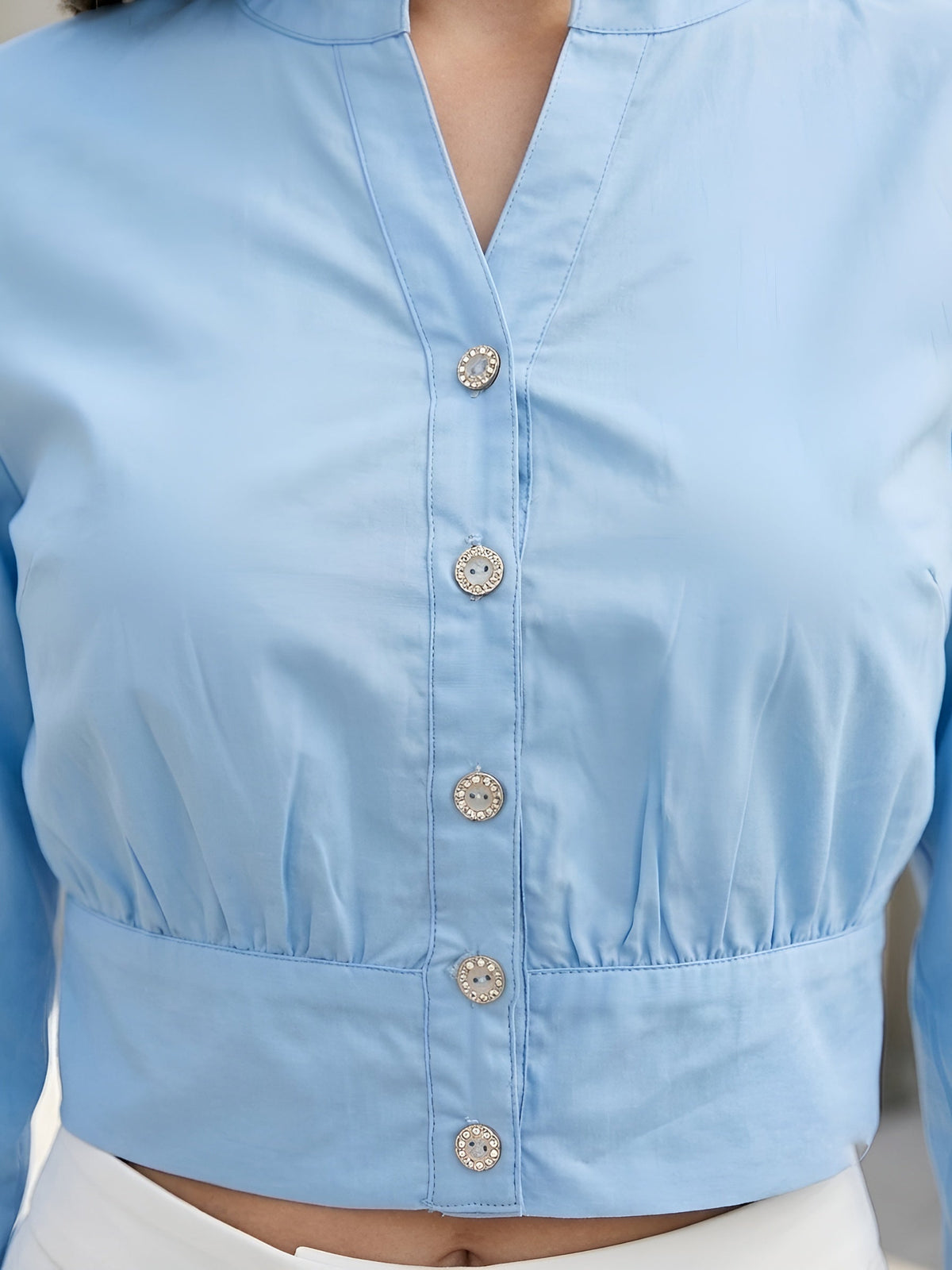 Women Solid light Blue Cotton Crop Top