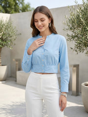 Women Solid light Blue Cotton Crop Top
