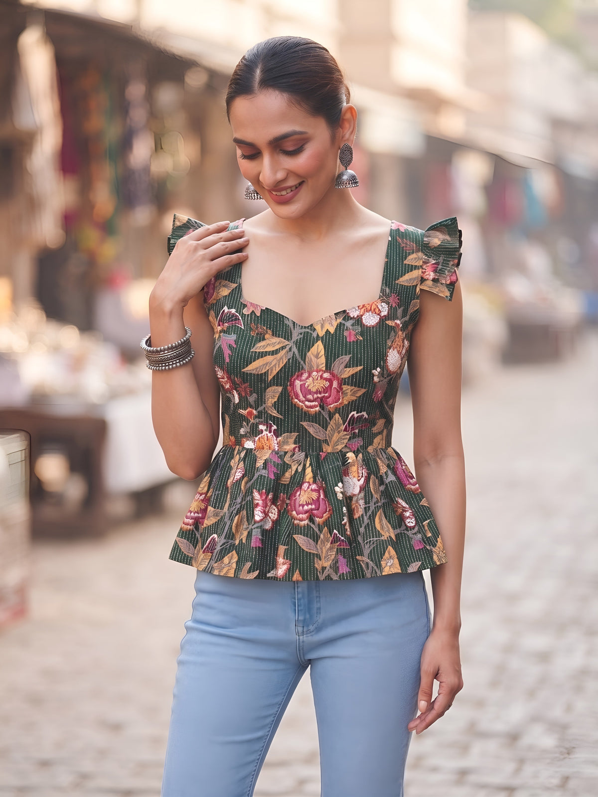 Women Green Printed Stylish Crop Top