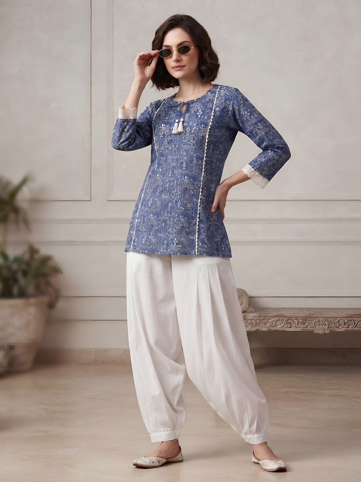 Blue Printed A-line Kurtis With Flared Sleeves