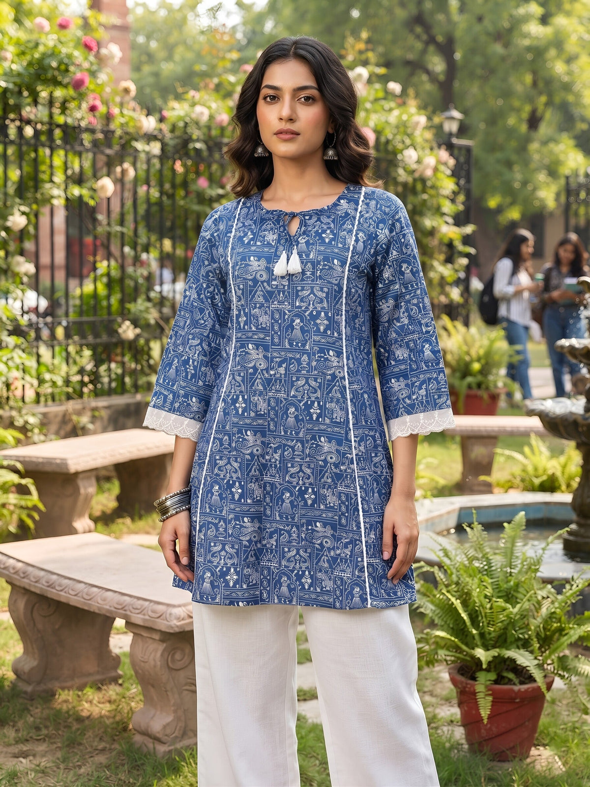 Blue Printed A-line Kurtis With Flared Sleeves