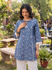 Blue Printed A-line Kurtis With Flared Sleeves
