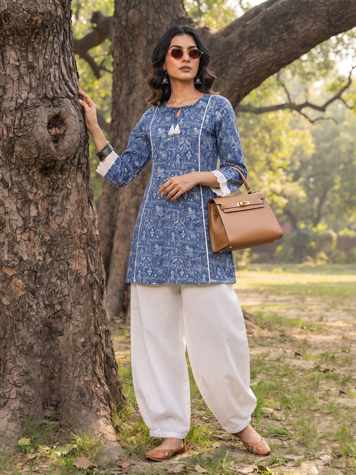 Blue Printed A-line Kurtis With Flared Sleeves