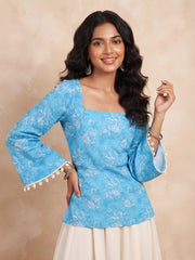 Women Sky Blue Printed Short Kurti