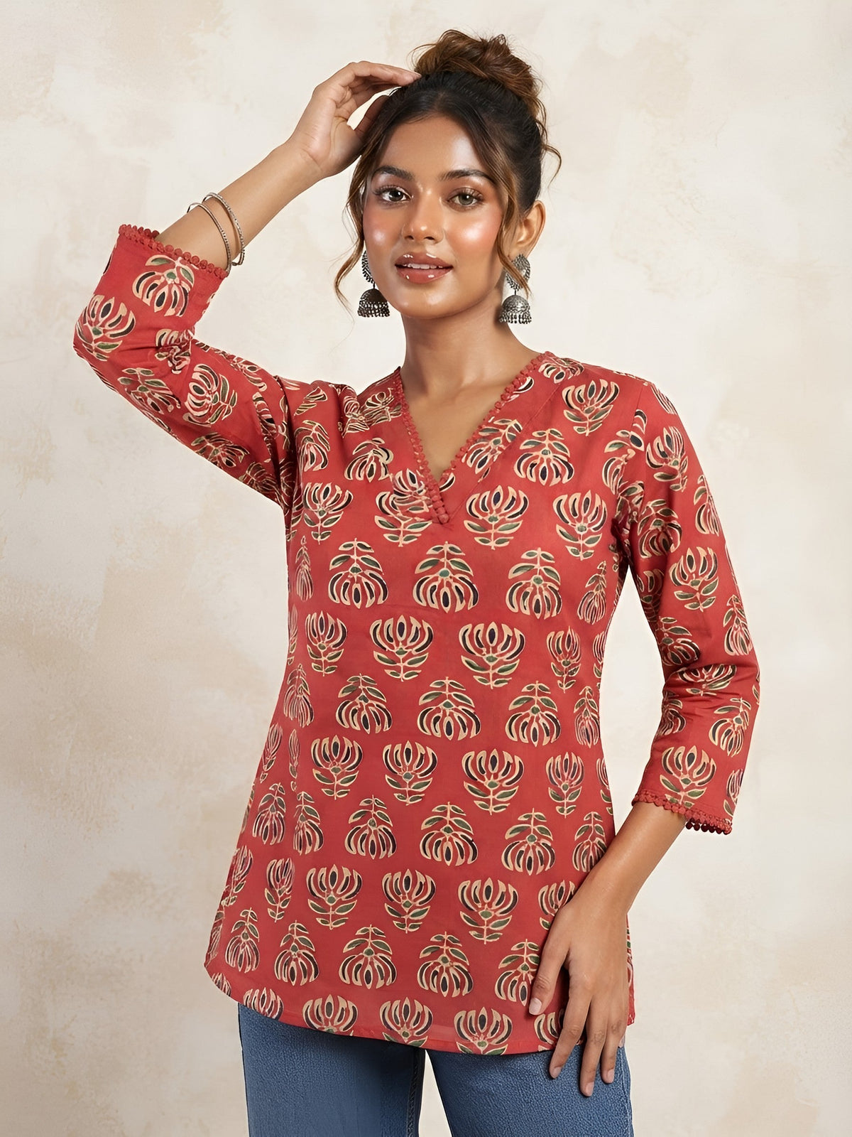 Women Maroon Printed Short Kurti
