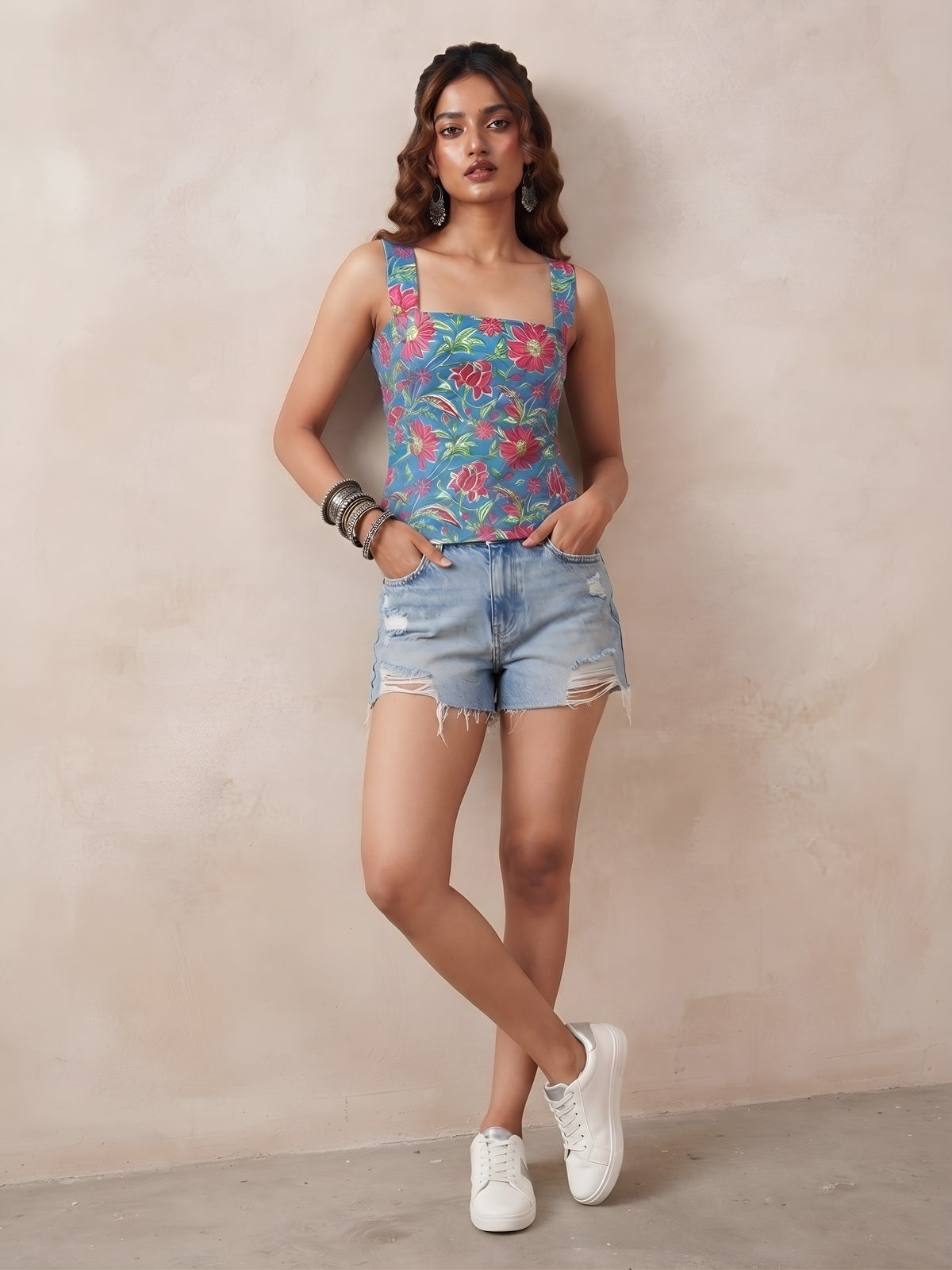 Women Blue Printed Stylish Crop Top