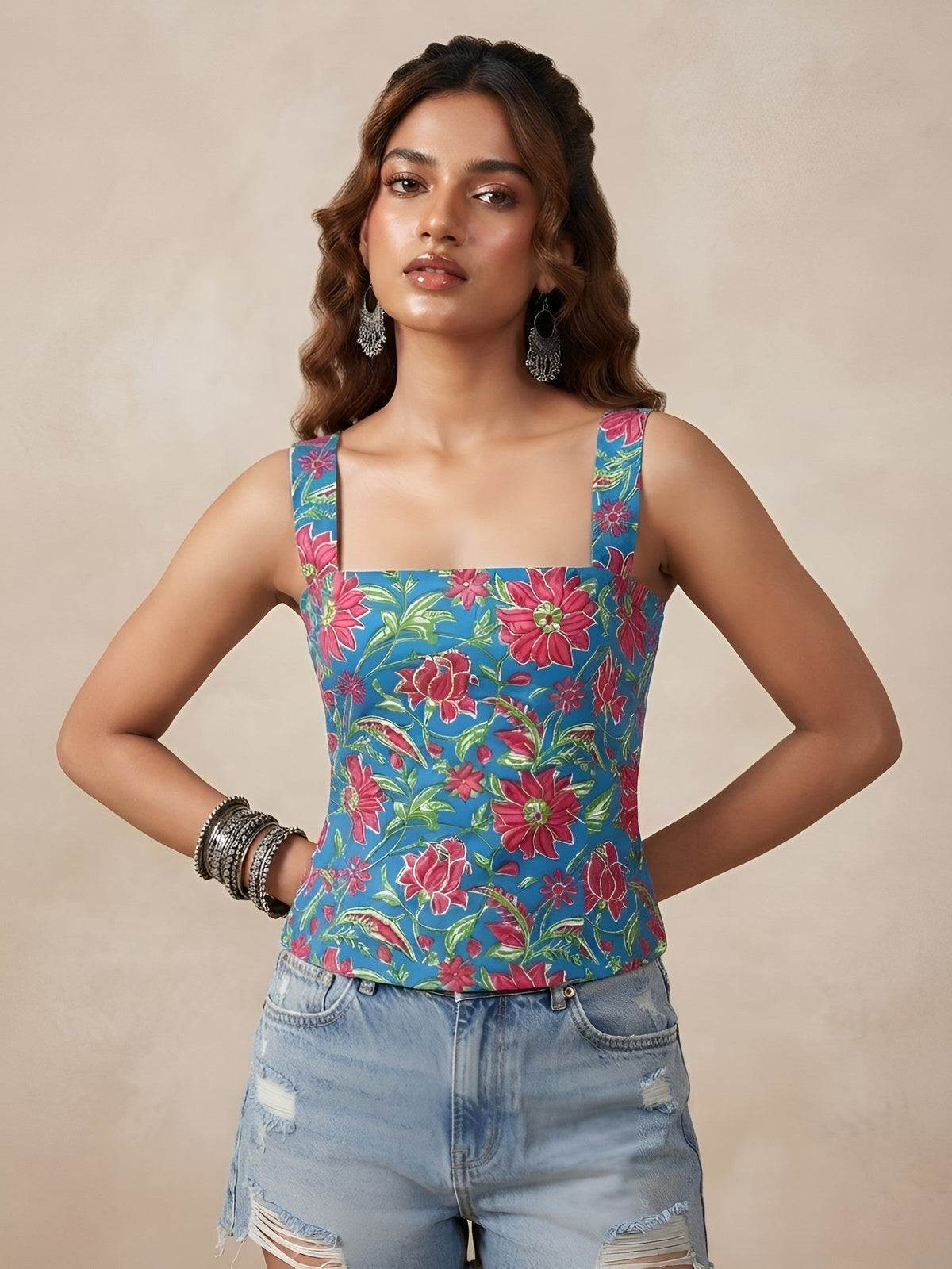 Women Blue Printed Stylish Crop Top