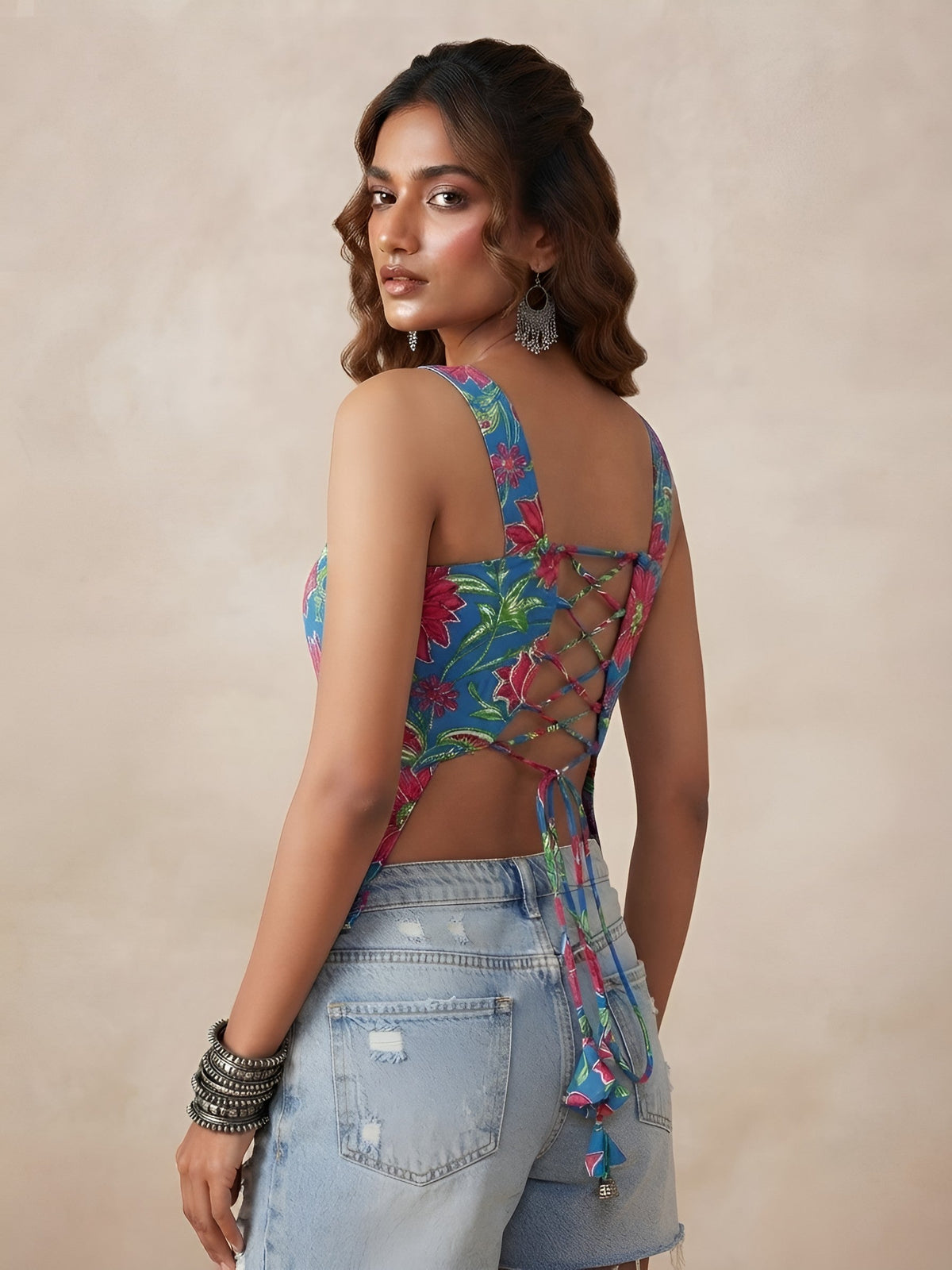 Women Blue Printed Stylish Crop Top