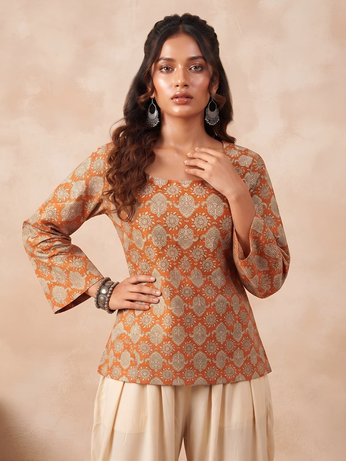 Women Rust Printed Short Kurti
