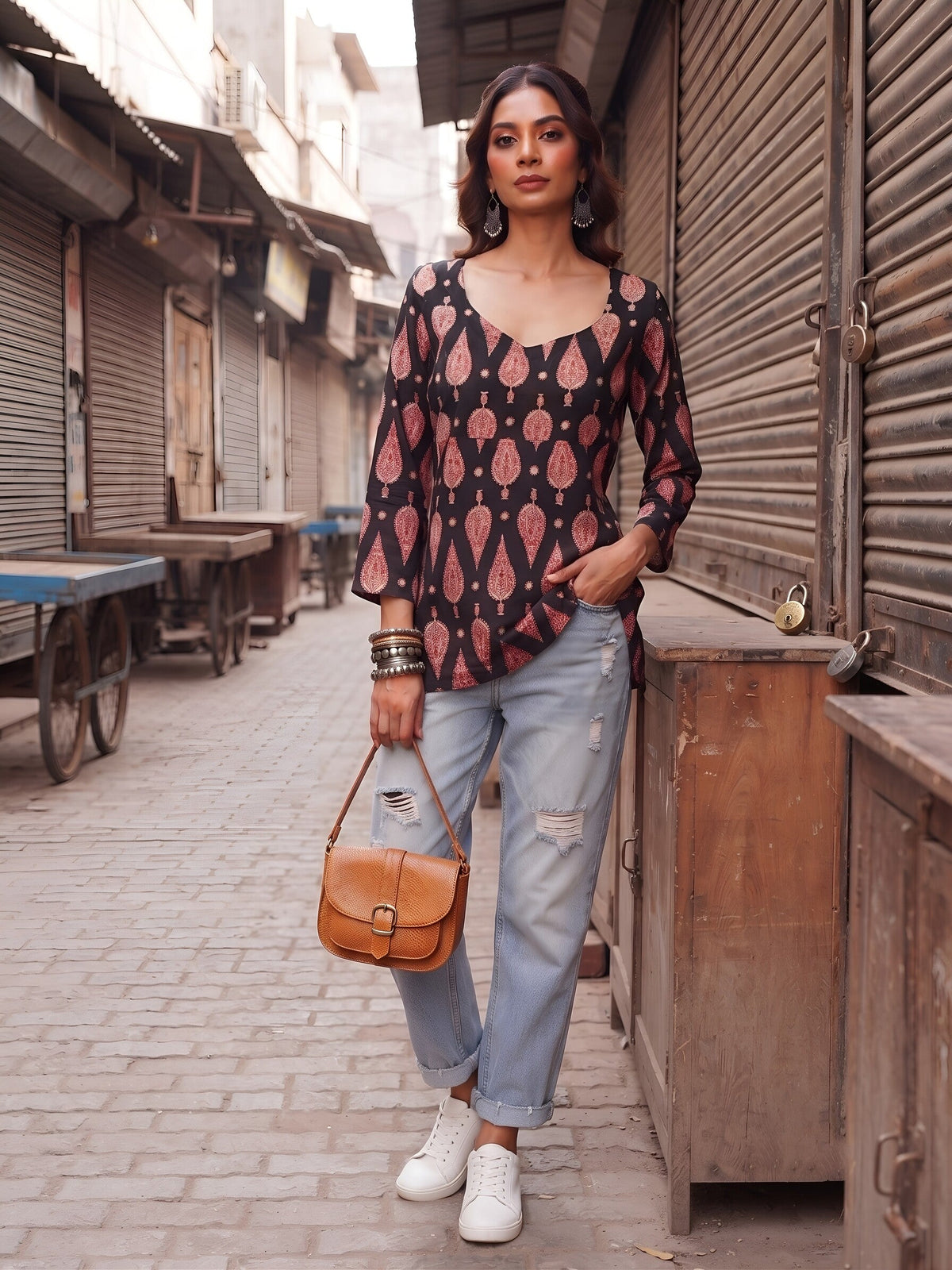 Women Black Printed Short Kurti