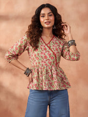 Green Printed Peplum Top For Women