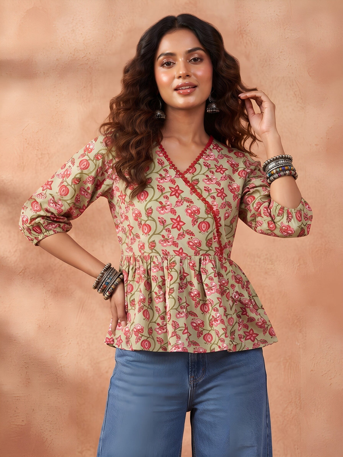 Green Printed Peplum Top For Women