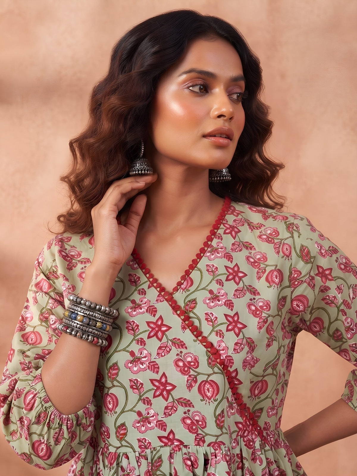 Green Printed Peplum Top For Women