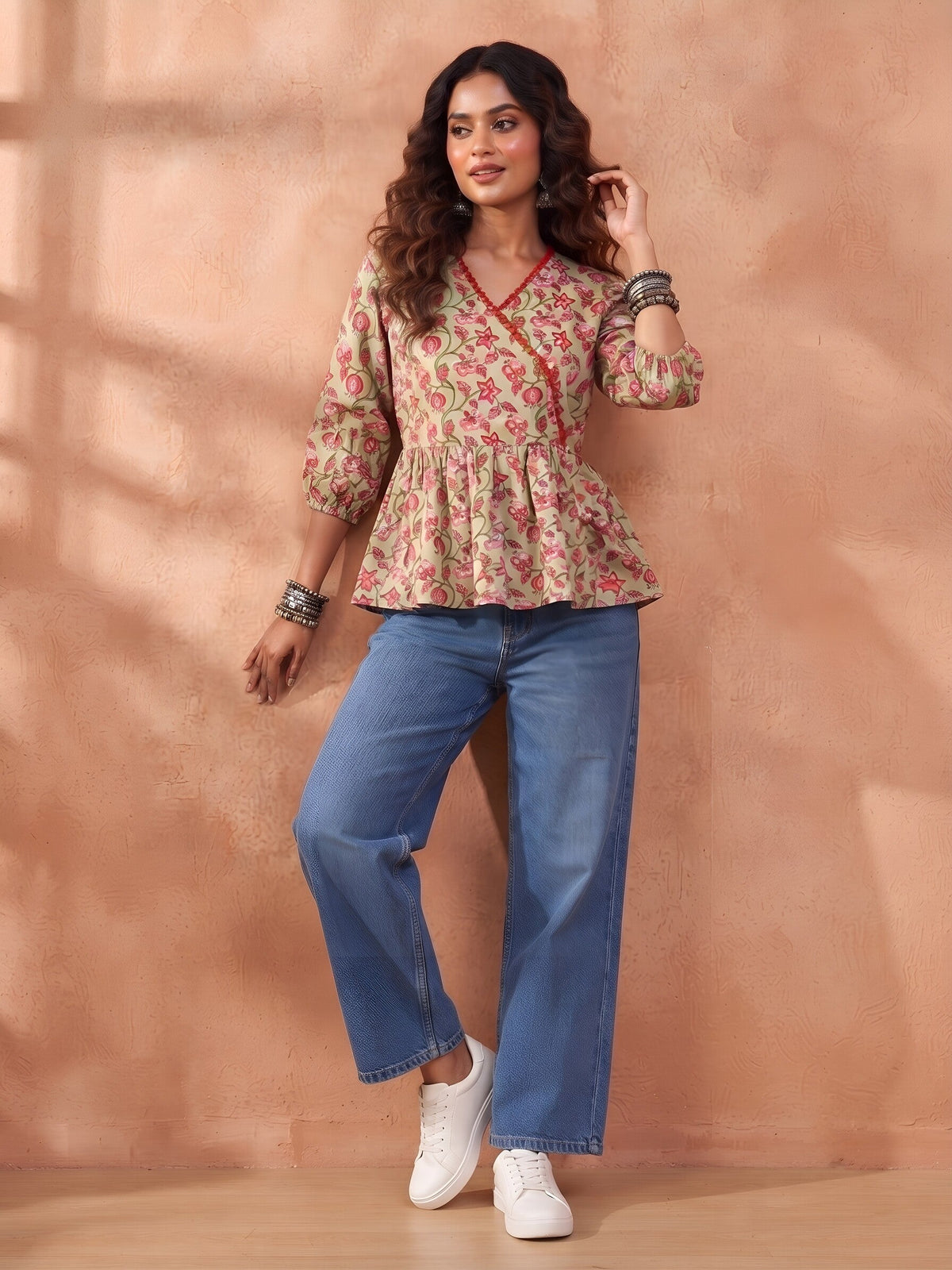 Green Printed Peplum Top For Women