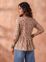 Green Printed Peplum Top For Women