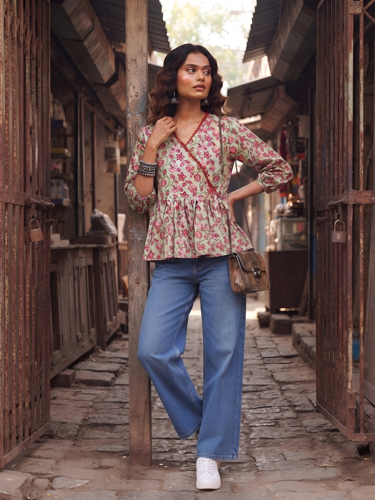 Green Printed Peplum Top For Women