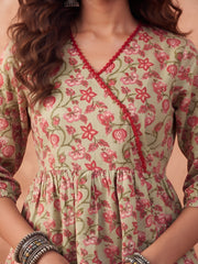 Green Printed Peplum Top For Women