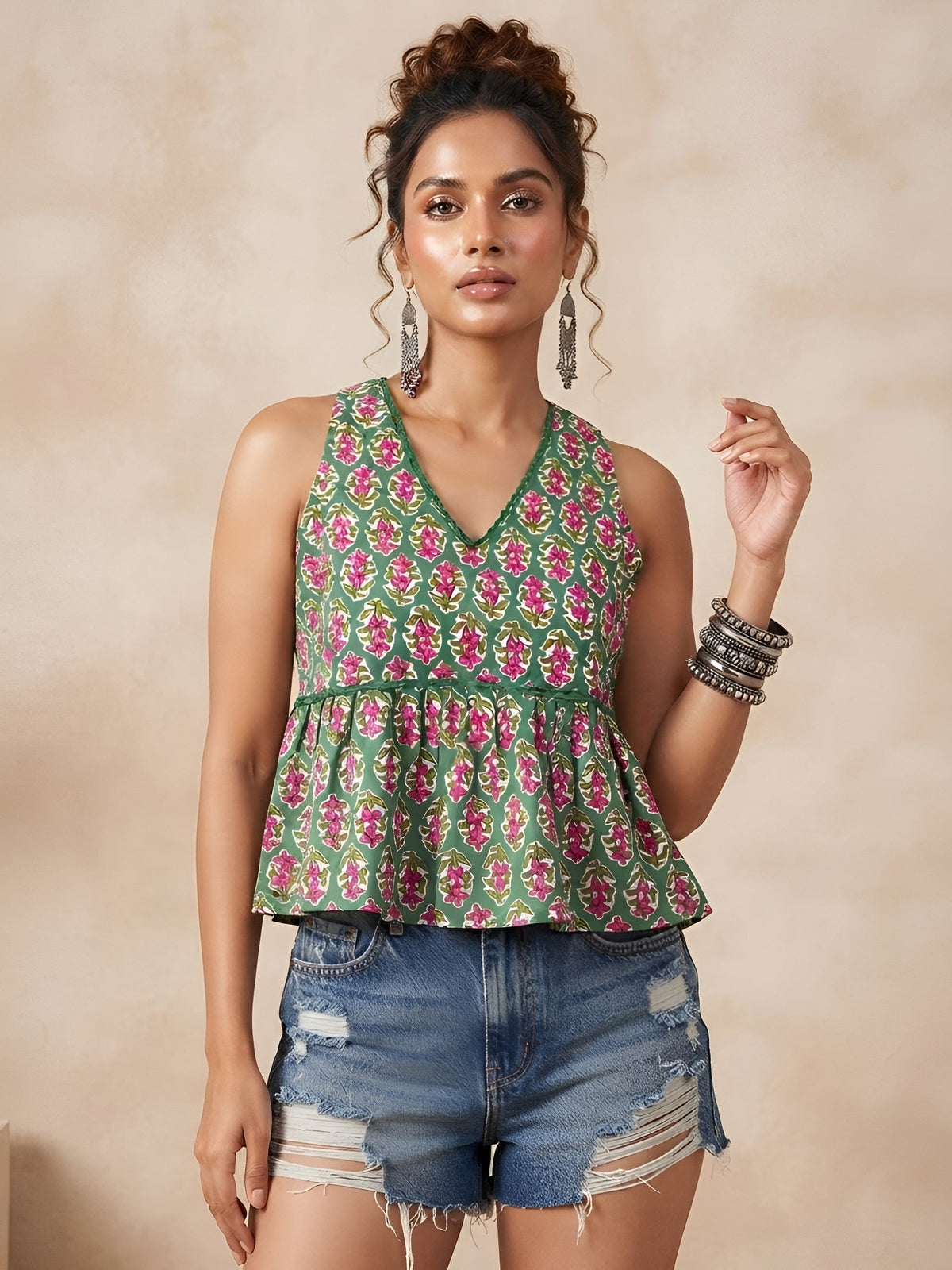 Women Green Printed Stylish Crop Top