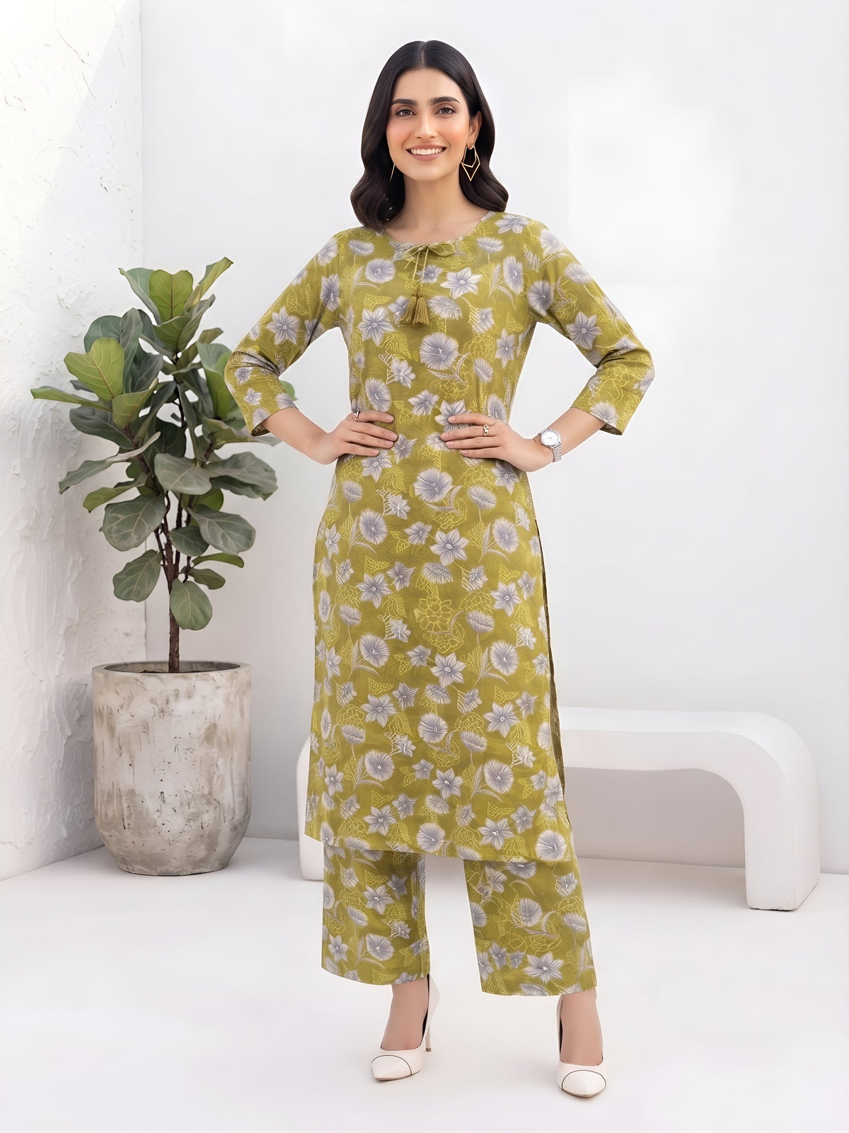 Olive Green Printed Co-Ord Set for Women