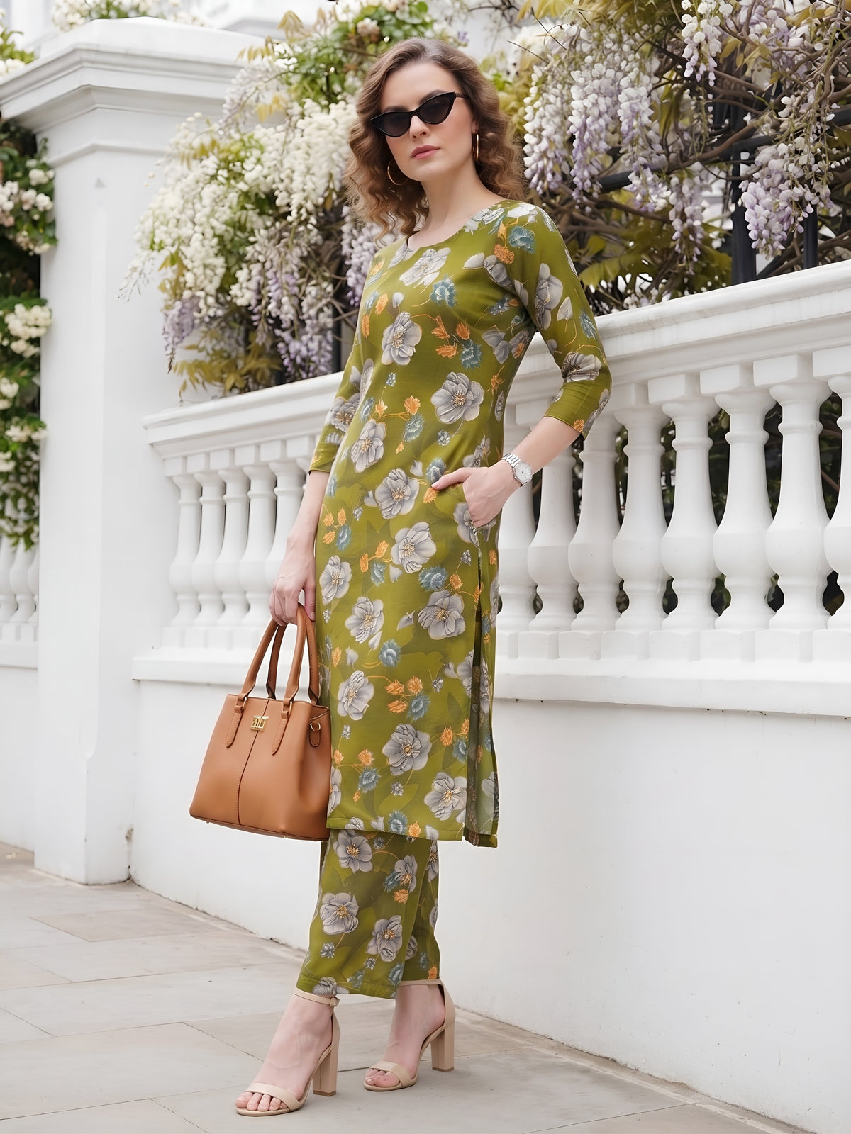 Olive Green Printed Co-Ord Set for Women