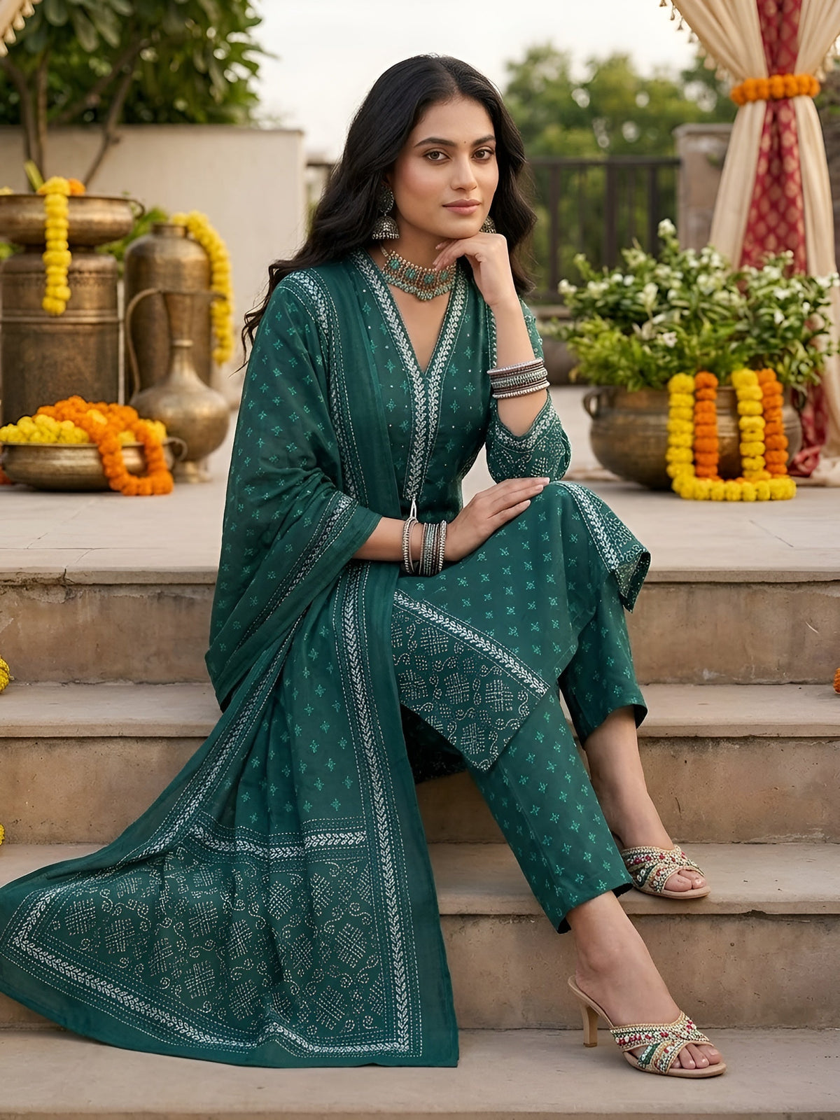 Kiya Teal Straight Kurta Set With Dupatta for Women