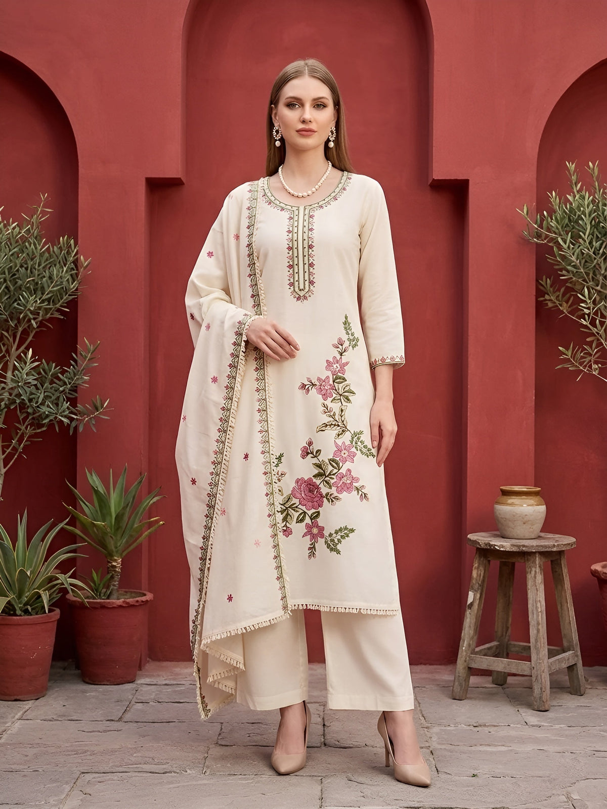 Lara Beige Embroidered Kurta Set With Dupatta for Women