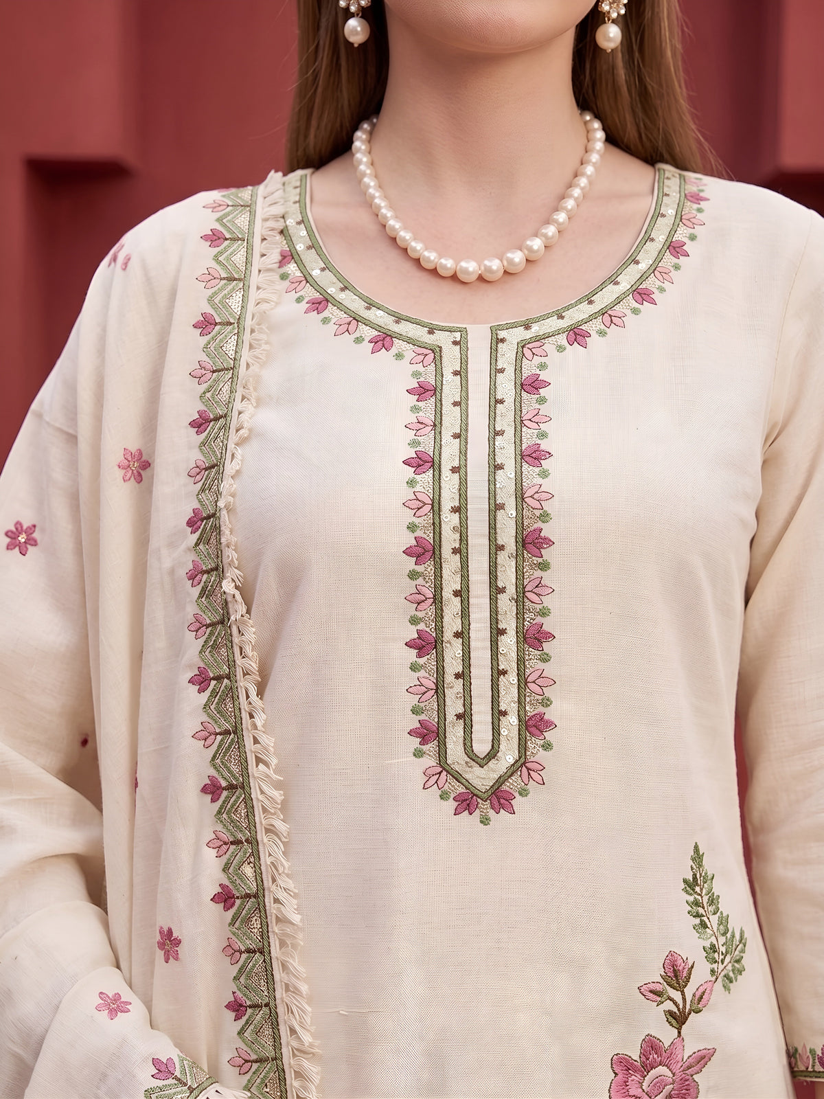Lara Beige Embroidered Kurta Set With Dupatta for Women
