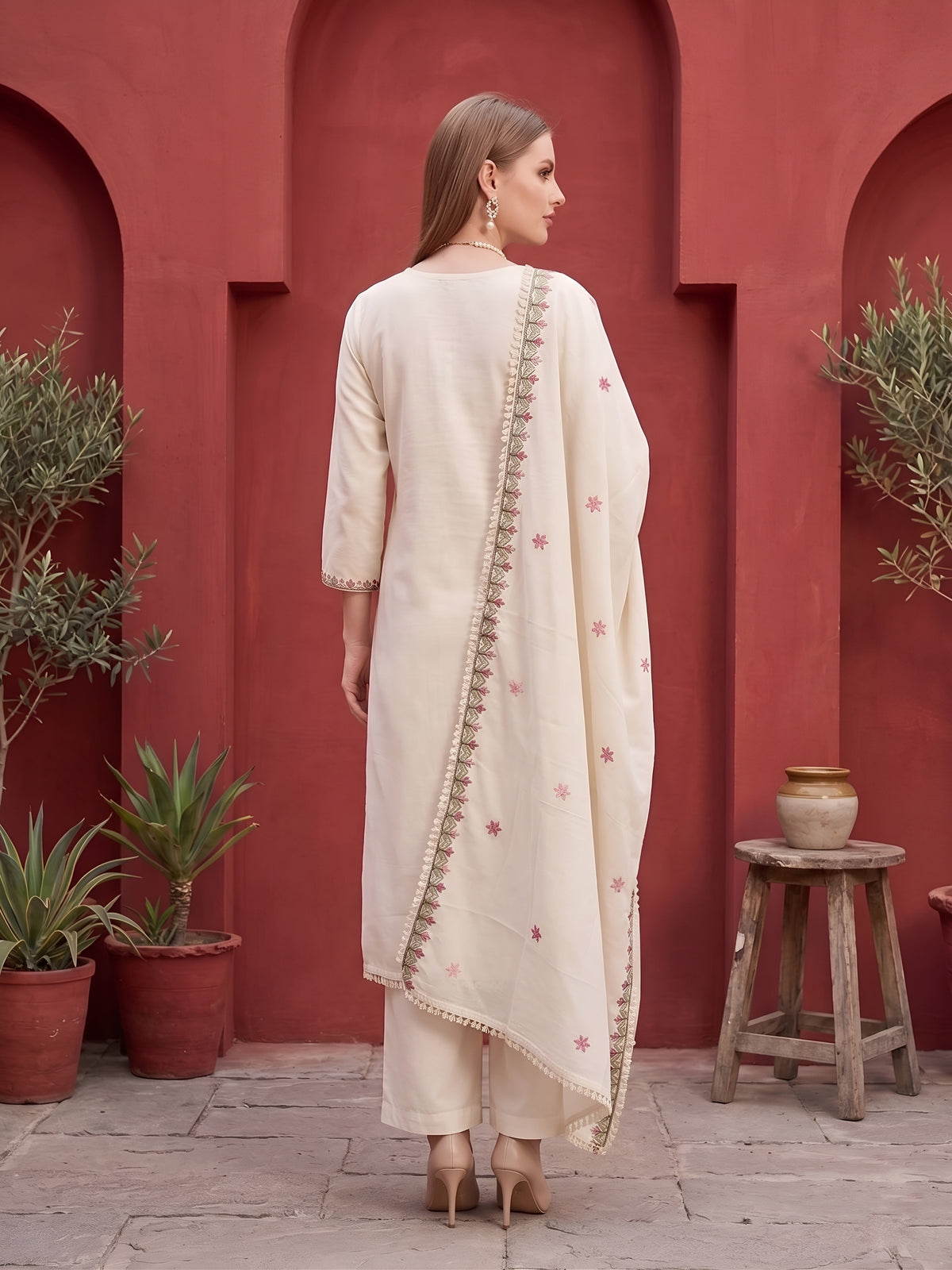 Lara Beige Embroidered Kurta Set With Dupatta for Women