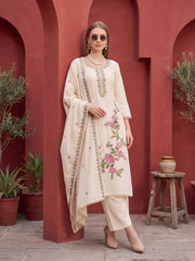 Lara Beige Embroidered Kurta Set With Dupatta for Women