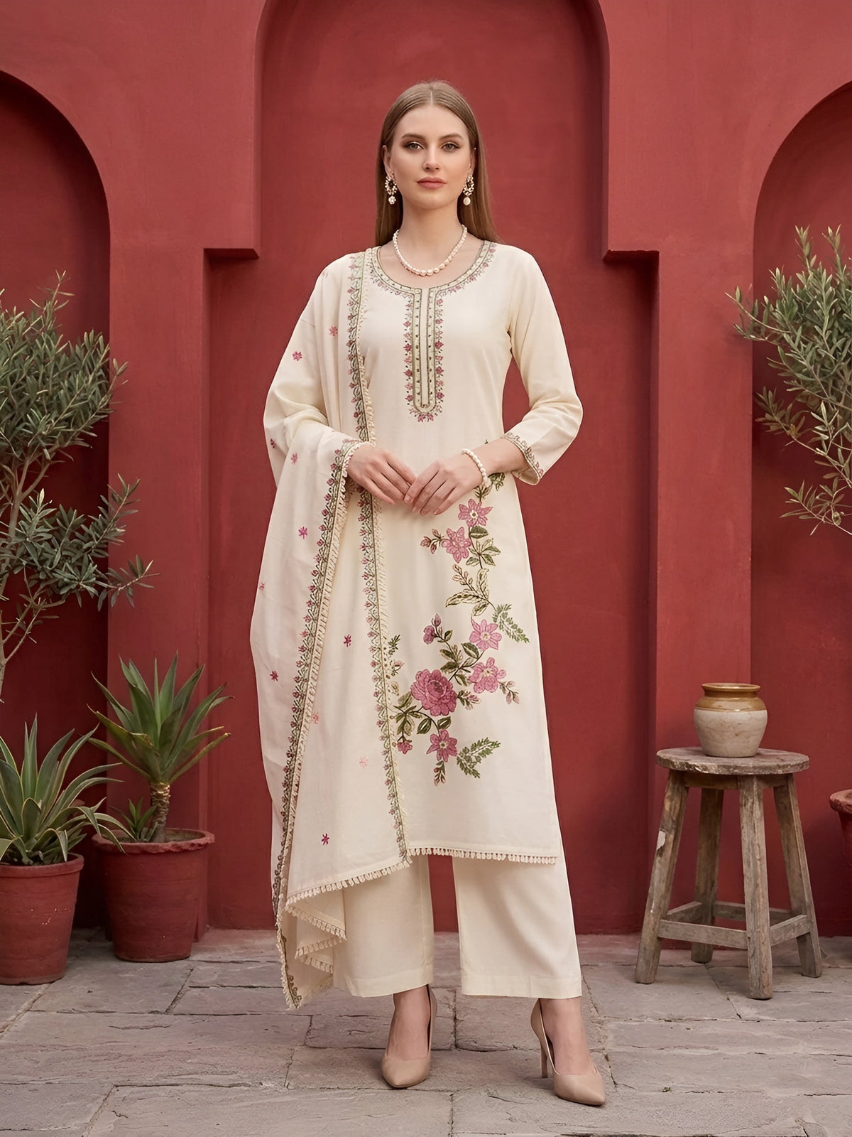 Lara Beige Embroidered Kurta Set With Dupatta for Women