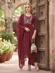 Pretty Maroon Embroidered A-Line Kurta Set With Dupatta for Women