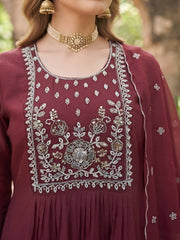 Pretty Maroon Embroidered A-Line Kurta Set With Dupatta for Women