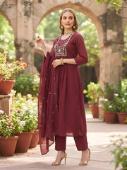 Pretty Maroon Embroidered A-Line Kurta Set With Dupatta for Women