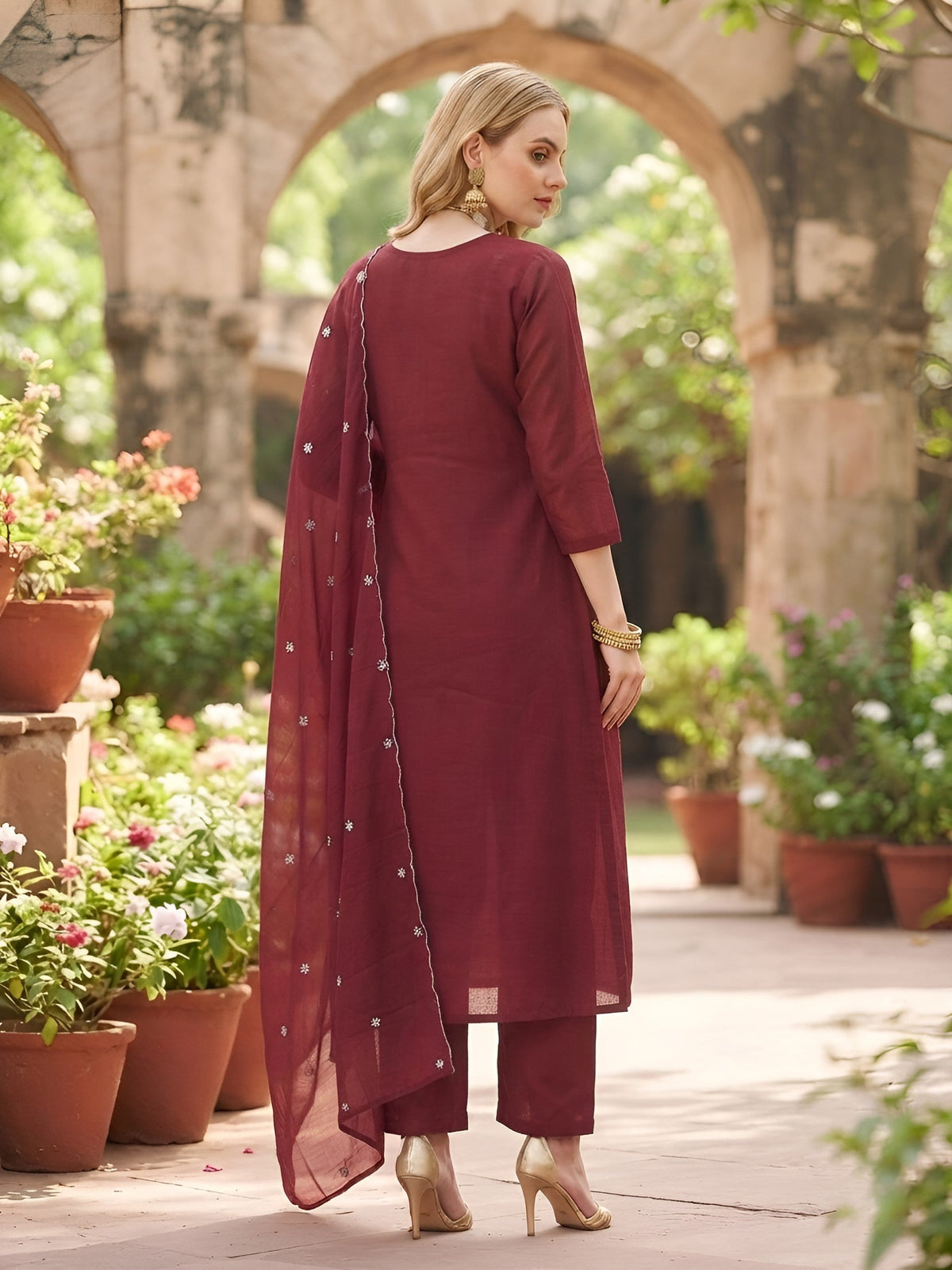 Pretty Maroon Embroidered A-Line Kurta Set With Dupatta for Women