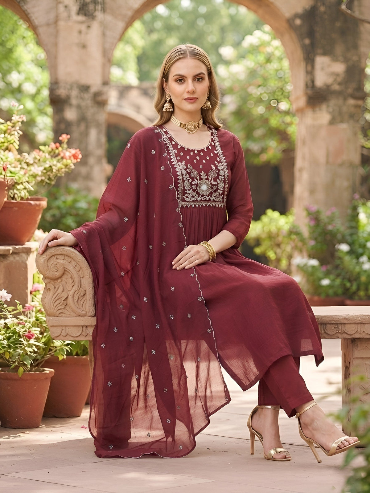 Pretty Maroon Embroidered A-Line Kurta Set With Dupatta for Women