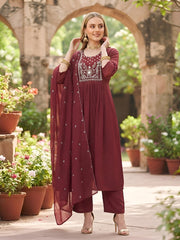 Pretty Maroon Embroidered A-Line Kurta Set With Dupatta for Women