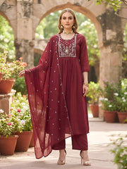 Pretty Maroon Embroidered A-Line Kurta Set With Dupatta for Women