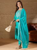 Floral Embroidered Silk Round Neck Kurta Trouser And Dupatta Set