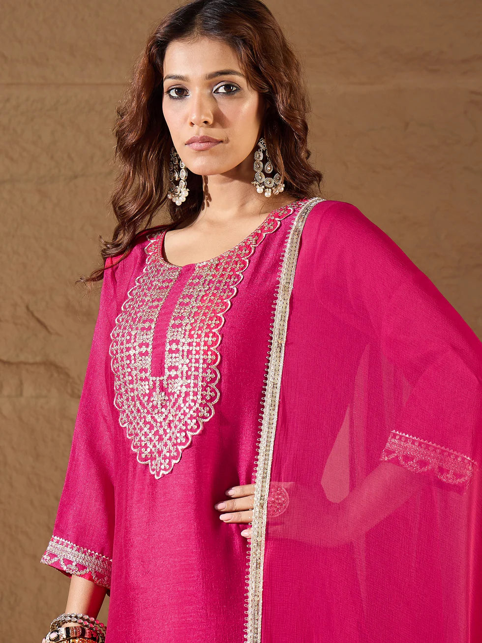 Floral Embroidered Silk Round Neck Kurta Trouser And Dupatta Set